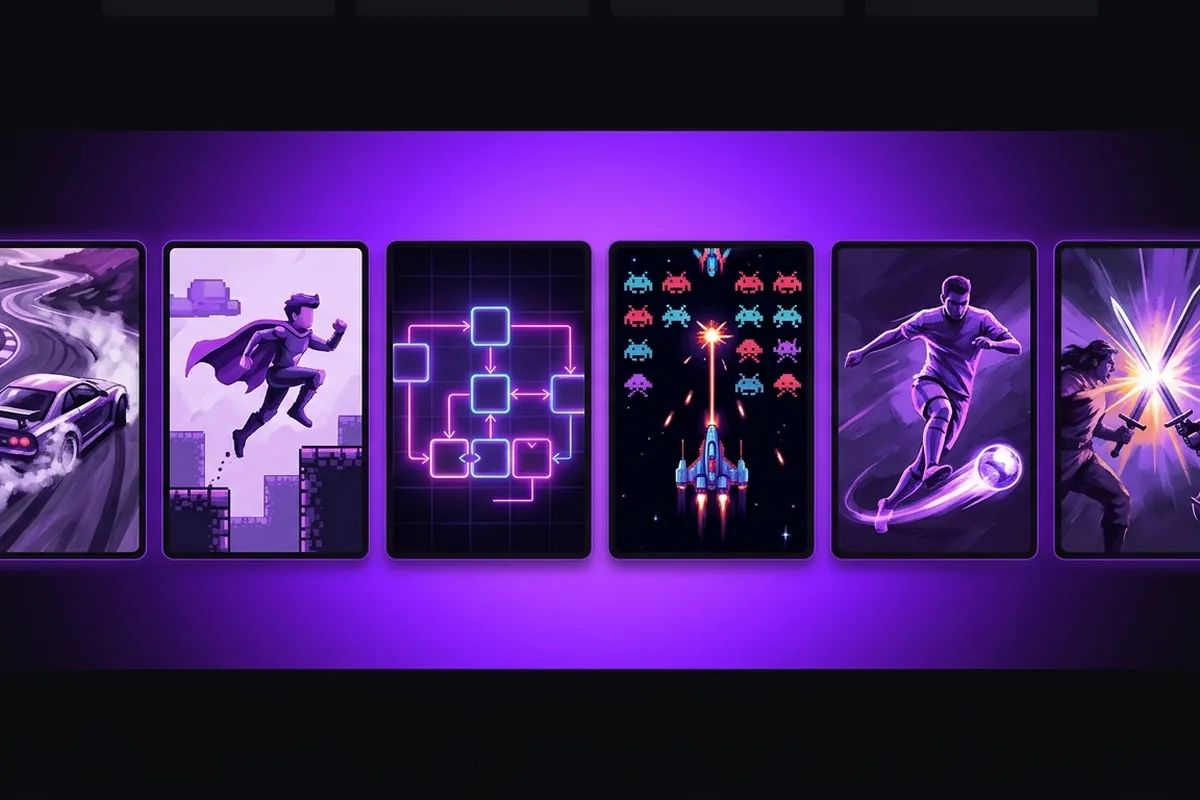 Illustrated covers for racing, platforming, logic, arcade, sports and action games