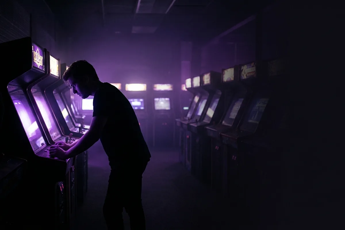 A player concentrating in a dim arcade lit by violet screens